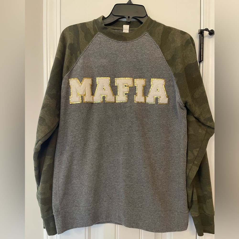 Five Star Baseball, MAFIA, Gray and Camo Sweatshirt, Women’s M, Chenille Letters